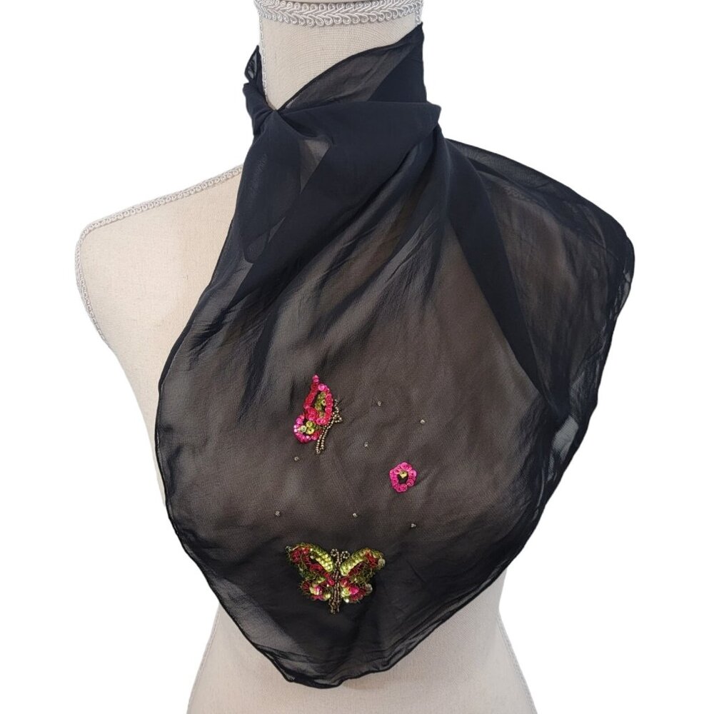 Vintage Black Chiffon Semi-Sheer Sequin Colorful Butterfly Square Scarf‎